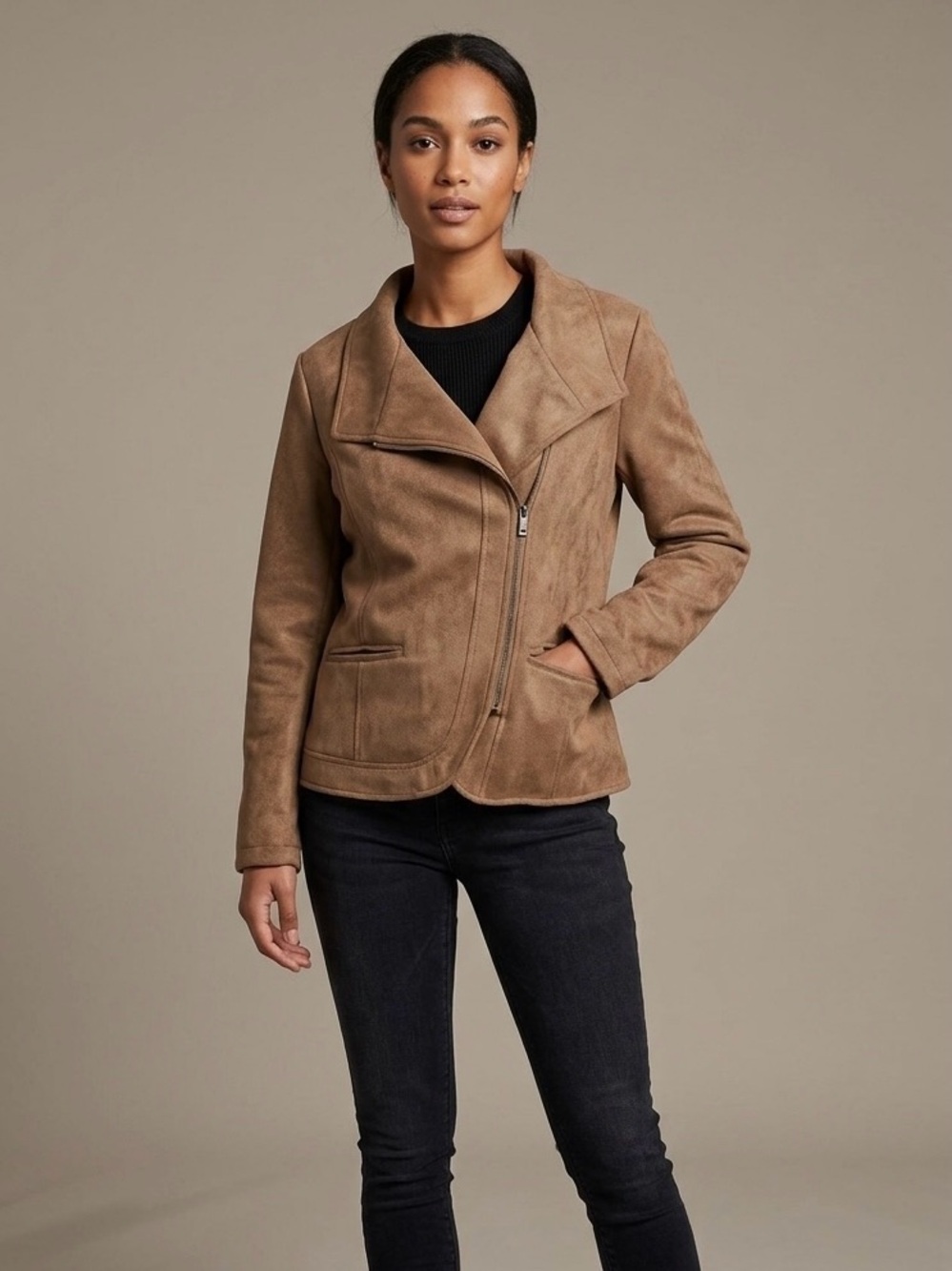 NWT BV Clothing Brown Faux Suede Asymmetric Zip Jacket Size Large